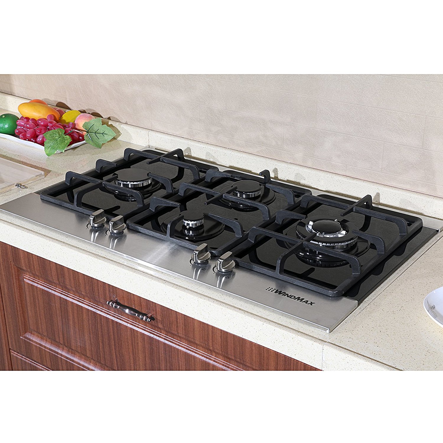 WindMax (R) 36" LPG & NG Stainless Steel Tempered Glass Builtin Kitchen 4 Burner Gas Hob