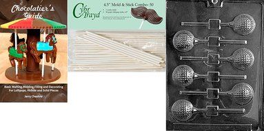 Cybrtrayd &#039;Golf Ball Lolly&#039; Sports Chocolate Candy Mold with 50 4.5-Inch Lollipop Sticks and Chocolatier&#039;s Guide