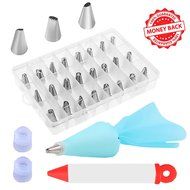 Cake Decorating Tips Kit Set with 24 Stainless Steel 2 Reusable Couplers 1 Pastry Bag and 1 Decorating Pen