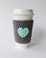Coffee Cozy, Coffee Sleeve, Cozy Grey with Mint Heart Applique