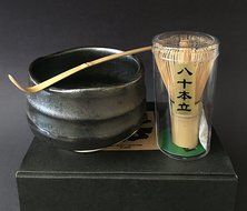 Japanese Metallic Black Matcha Cup Bowl Bamboo Scoop 80 Whisk Tea Ceremony Gift Box Set N2
