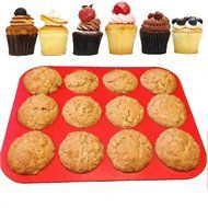 BakeWarePlus 12 Cups Silicone Muffin Pan and Cupcake Pan Maker Non - Stick Red