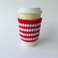 Cafe Latte Cozy, Crochet Coffee Sleeve, Striped Coffee Cup Sleeve, Red and Grey Cup Cozy