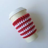 Cafe Latte Cozy, Crochet Coffee Sleeve, Striped Coffee Cup Sleeve, Red and Grey Cup Cozy N2
