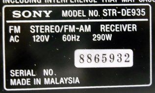 Sony STR-DE935 Fm/Am Receiver Digital Audio / Video Control Center Digital Cinema Sound N7