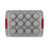 Cake Boss Deluxe Nonstick Bakeware 12-Cup Muffin Pan, Gray with Red Silicone Grips