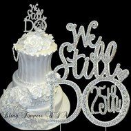 &quot;We Still Do 25th&quot; in gorgeous silver crystal rhinestones wedding anniversary cake topper vow renewal party
