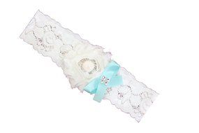 Wedding Garter Set Baby Blue Turquoise / Ivory Chiffon Flowers w/ Pearl Rhinestone Bow Lace