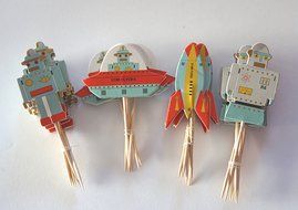 24 Space Robot Cupcake Toppers Picks - Red Fox Tail &trade;