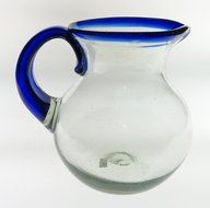 Mexican Glass Margarita or Juice Pitcher, Blue Rim, Bola or Bowl Shape 2+ Quarts N2