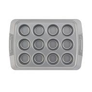 Cake Boss Deluxe Nonstick Bakeware 12-Cup Muffin Pan, Gray with Red Silicone Grips N2