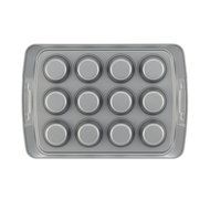 Cake Boss Deluxe Nonstick Bakeware 12-Cup Muffin Pan, Gray with Red Silicone Grips N3