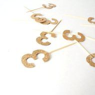Set of 10 - Gold Glitter Number 3 Three Cupcake Cake Picks, Birthday Cake Topper, Metallic Gold Party Decor, Baby...