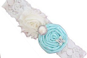 Wedding Garter Set Baby Blue Turquoise / Ivory Chiffon Flowers w/ Pearl Rhinestone Bow Lace N2