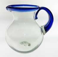 Mexican Glass Margarita or Juice Pitcher, Blue Rim, Bola or Bowl Shape 2+ Quarts N3