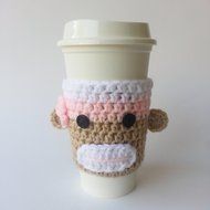 Crochet Coffee Sleeve - Beige White Pink with Pink Flower N2