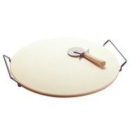 LARGE ROUND 15 PIZZA CERAMIC BAKING STONE SET STEEL RACK CUTTER KNIFE PAN N2