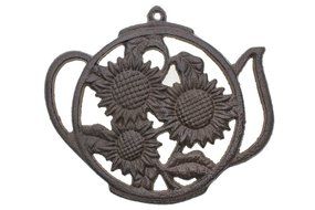 Cast Iron Trivet | Round with Sunflowers And Tea Pot | Decorative Cast Iron Trivet For Kitchen Or Dining Table... N2