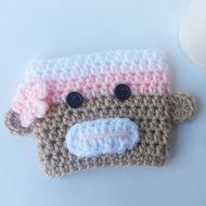 Crochet Coffee Sleeve - Beige White Pink with Pink Flower N3