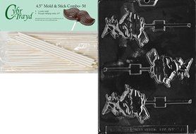 Cybrtrayd 45St50-H076 Witch on Broom Lolly Halloween Chocolate Candy Mold with 50 4.5-Inch Lollipop Sticks
