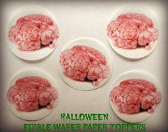 12 Small 1.5&quot; Decorative Wafer Paper Toppers &copy; HALLOWEEN SCARY GROSS ZOMBIE BRAINS REAL HUMAN PRECUT EDIBLE CAKE...