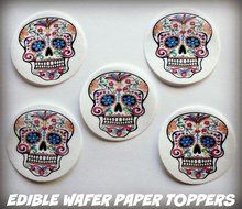12 HALLOWEEN DIA DE LOS MUERTOS DAY OF THE DEAD COLORFUL SKULL PRECUT EDIBLE CAKE TOPPERS 1.5&quot; SMALL Dozen Set...