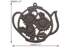 Cast Iron Trivet | Round with Sunflowers And Tea Pot | Decorative Cast Iron Trivet For Kitchen Or Dining Table... N5
