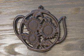 Cast Iron Trivet | Round with Sunflowers And Tea Pot | Decorative Cast Iron Trivet For Kitchen Or Dining Table... N6