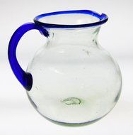 Mexican Glass Margarita or Juice Pitcher, Blue Rim, Bola or Bowl Shape 4+ Quarts N2