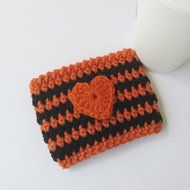 Coffee Cozy Orange and Black Stripe with Heart Applique N2