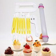 Sher 4 Kinds/11PCS Fondant Cakes Embossing Tool Kit Rolling Pin/ Screeding Unit/Biscuits Round Knife/Carved Pen
