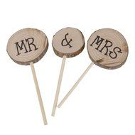 Wooden Round Mr &amp; Mrs Shabby Chic Rustic Wedding Cake Topper Pick Decoration N2
