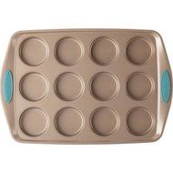 Rachael Ray Cucina Nonstick Bakeware 12-Cup Muffin/Cupcake Pan, Latte Brown, Agave Blue Handle Grips N3