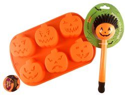 Orange Pumpkin Silicone Mold Bundle - 2 Items: Pumpkin Muffin Pan &amp; Jack O Lantern Kitchen Scrub Brush