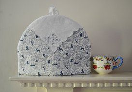 Large Up-cycled Insulated Artisanal Tea Cozy - Vintage Hand Embroidery - One of a Kind - White Blue and Gray N4