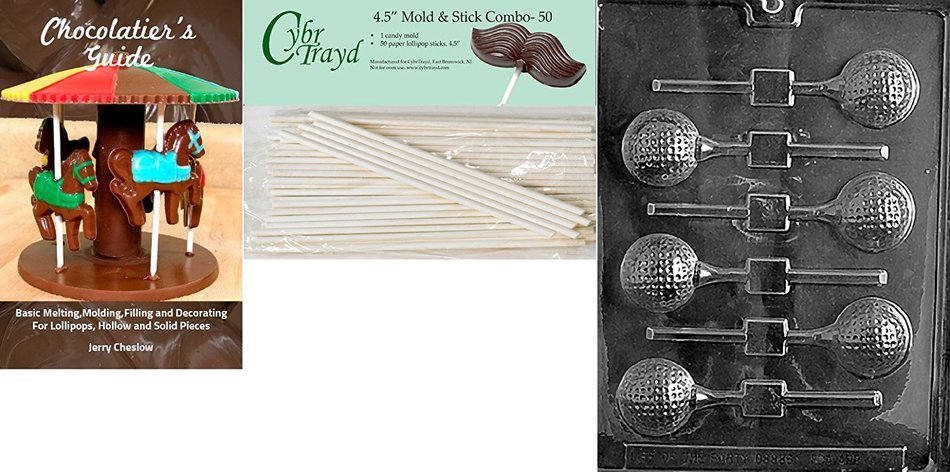 Cybrtrayd 'Golf Ball Lolly' Sports Chocolate Candy Mold with 50 4.5-Inch Lollipop Sticks and Chocolatier's Guide