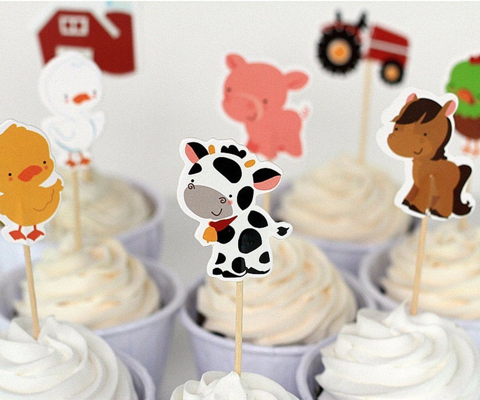 Efivs Arts 24 Pcs Farm Animals Cake Cupcake Decorative Cupcake Topper for Kids Birthday Party Themed Party Baby...