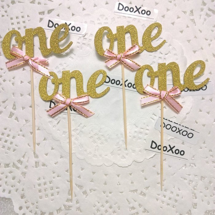 DOOXOO One Cupcake Topper Gold Gold Cupcake Toppers First birthday Cake Topper First Birthday Party, Pink and...