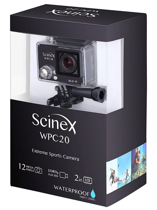 Scinex&reg; WPC20 16GB WiFi HD 1080P 12MP Waterproof Sports Camera + Telescope Pole and Mounts - US Warranty (Black)