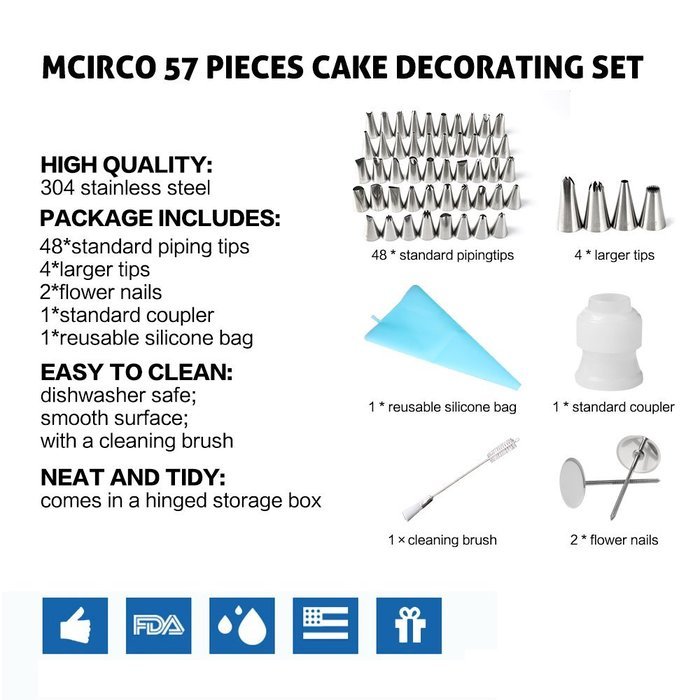 Piping Tips, MCIRCO Cake Decorating Supplies 57-piece Stainless Steel Cookies Cupcake Decorating Kits Frosting... N11