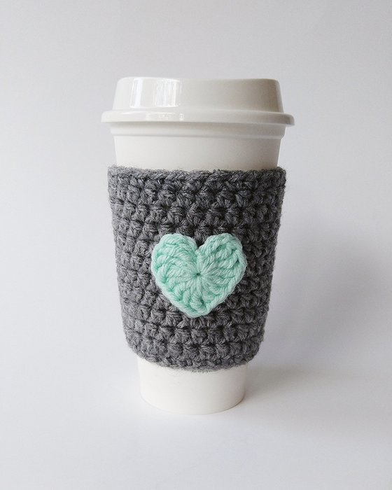 Coffee Cozy, Coffee Sleeve, Cozy Grey with Mint Heart Applique
