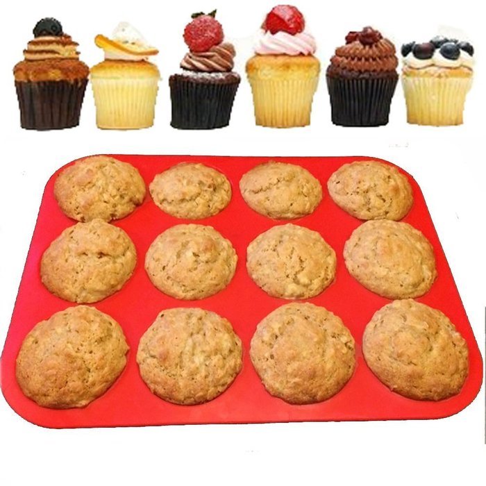 BakeWarePlus 12 Cups Silicone Muffin Pan and Cupcake Pan Maker Non - Stick Red