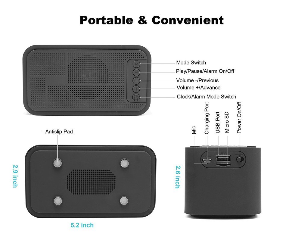 Portable Alarm Clock Radio Bluetooth Speaker with Stereo Bass, LCD Display, FM Radio, TF Card,Built-in Mic for... N6