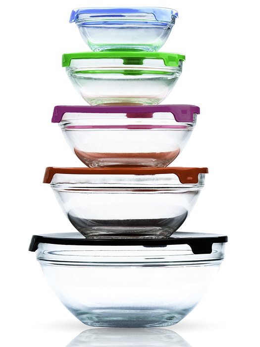 Stackable Glass Lunch Bowls / Multi Purpose Food Containers with Multi-Color Lids - 10 Piece Set (2 Pack)