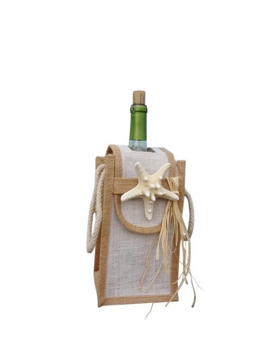 Beach Dining WBB-BL-SWF-SF-01 Wine Bottle Bag - Single with Flap, Burlap with Natural Starfish
