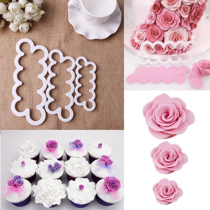 NALATI 3Pcs Mixed Sizes 3D Cake Rose Flower Mould Fondant Cake Cookie Decorating Sugarcraft Cutter Roses Mold... N2