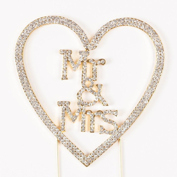 Mr & Mrs Heart Wedding Cake Topper Gold Monogram Rhinestone Decoration (Gold)