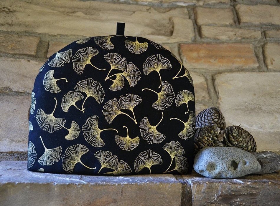 Artisanal Cotton Insulated Japanese Cotton Tea Cozy - Gold Gingko Leaves on Black