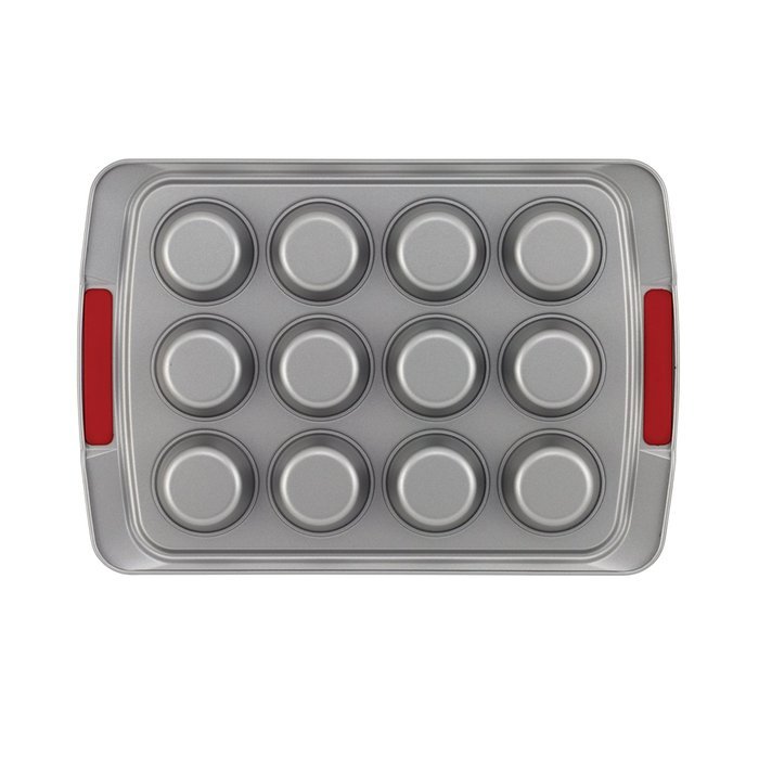 Cake Boss Deluxe Nonstick Bakeware 12-Cup Muffin Pan, Gray with Red Silicone Grips