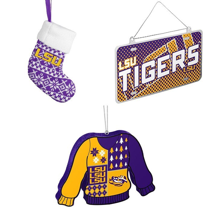 NCAA LSU Tigers ORNAMENT STOCKING KNIT Metal License Plate Christmas Ornament Foam Ugly Sweater Bundle 3 Pack...